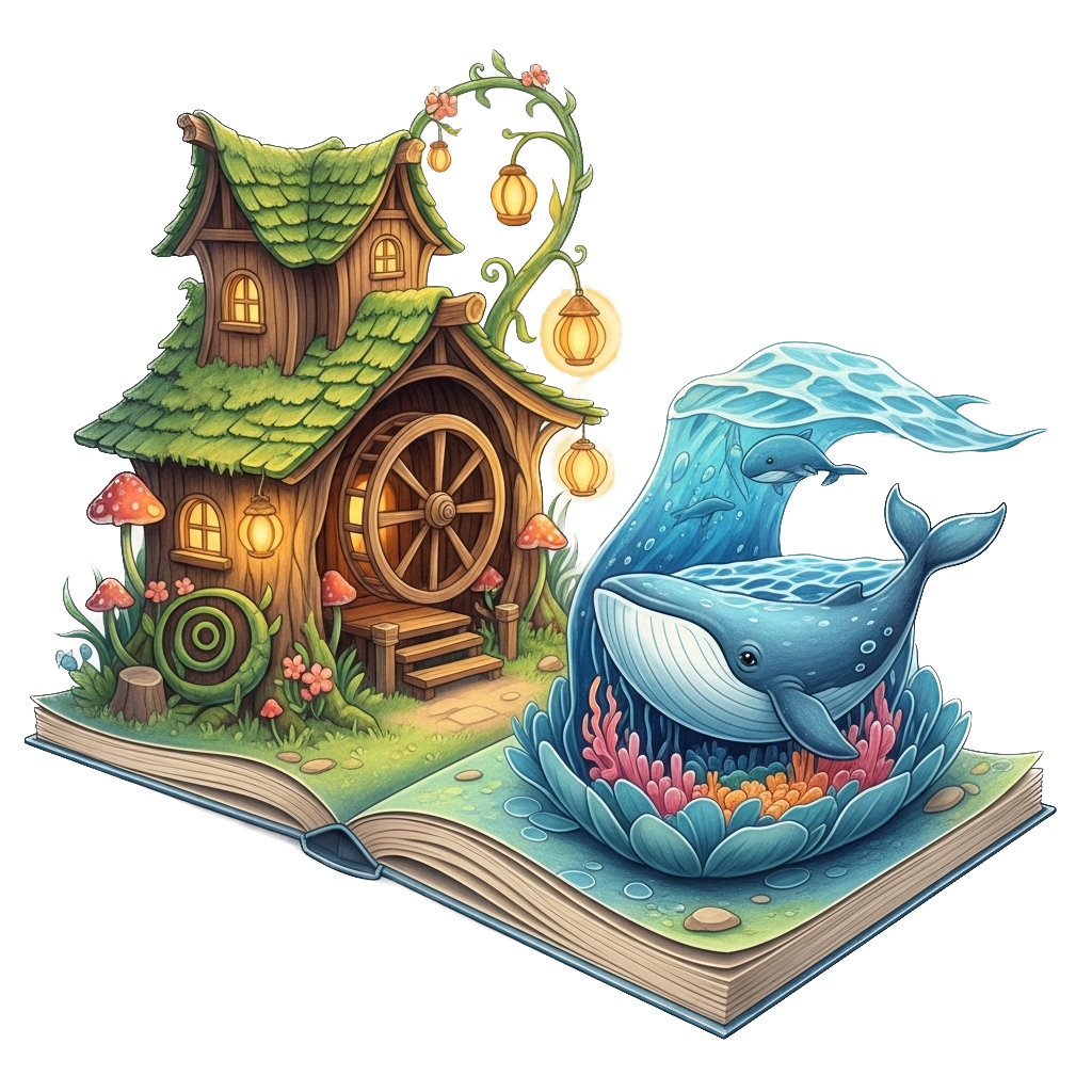 Magical storybook with fantasy house and whales emerging from pages